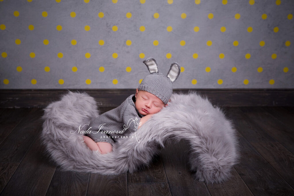 Photographie Bebe Sur Fourure Grise Et Bonnet Lapin