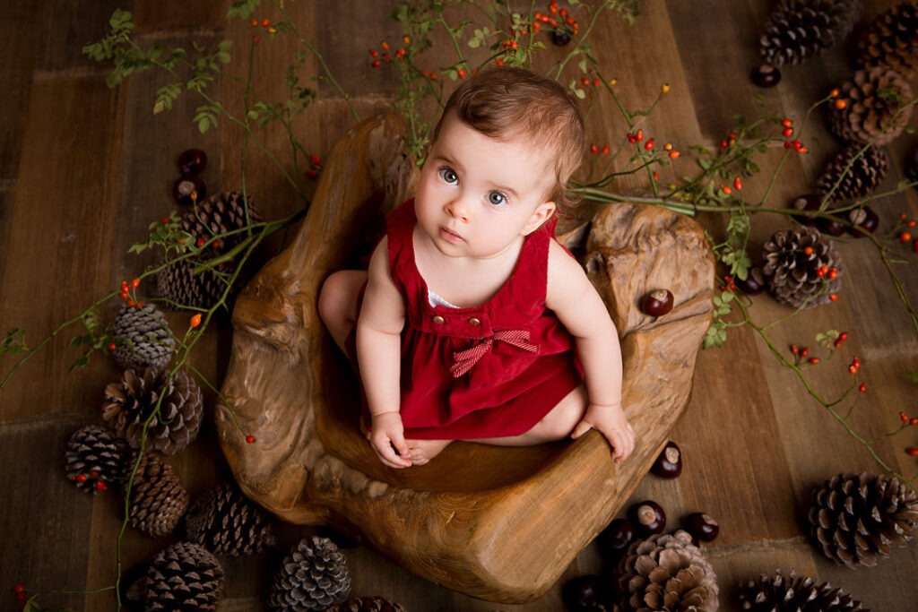 Une adorable petite fille vêtue d'une robe en velours côtelé rouge est assise dans un bol en bois rustique, entourée de décorations automnales, notamment de pommes de pin et de châtaignes. La scène évoque une ambiance chaleureuse et automnale.