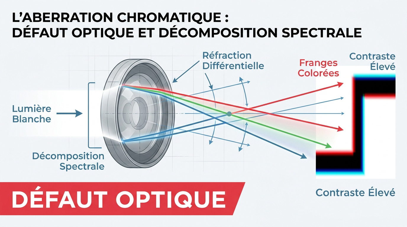 Illustration des franges colorées dues à l'aberration chromatique sur un objectif photo