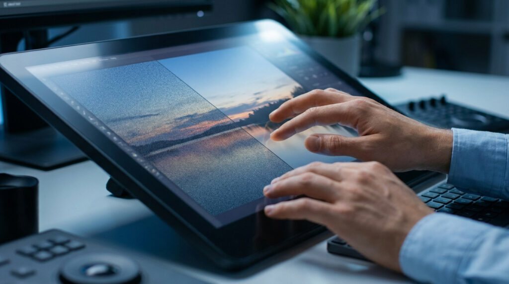 Un photographe retouche une photo de paysage sur une tablette graphique pour réduire le bruit numérique.