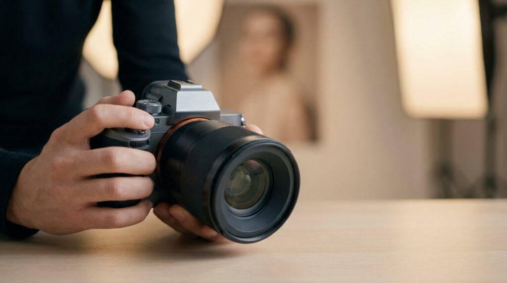 Gros plan sur les mains d'un photographe tenant un appareil photo hybride plein format moderne.
