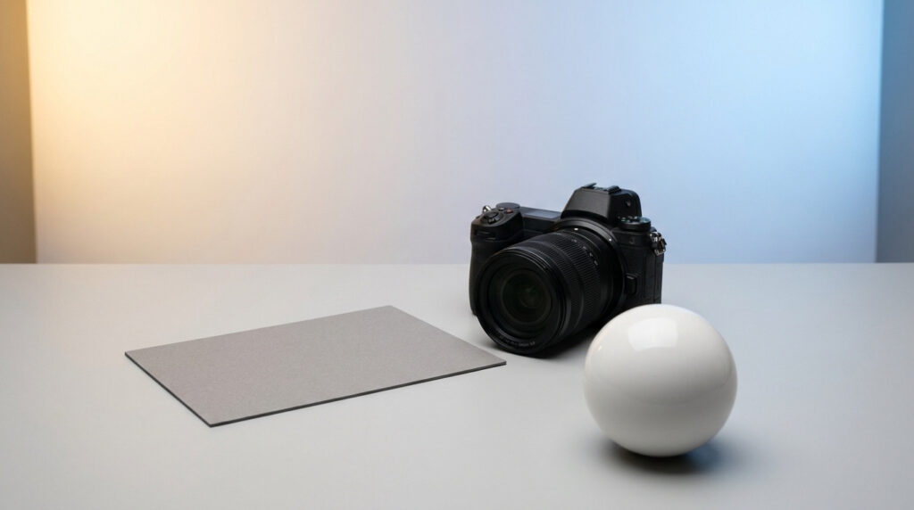Un appareil photo, une carte de gris neutre et une sphère blanche sur une table pour tester la balance des blancs.