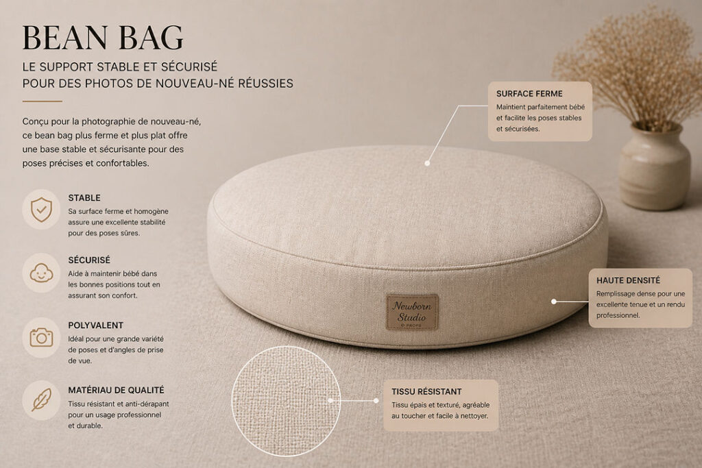 Bean bag avec surface ferme pour photographie de nouveau-né, stable et sécurisé