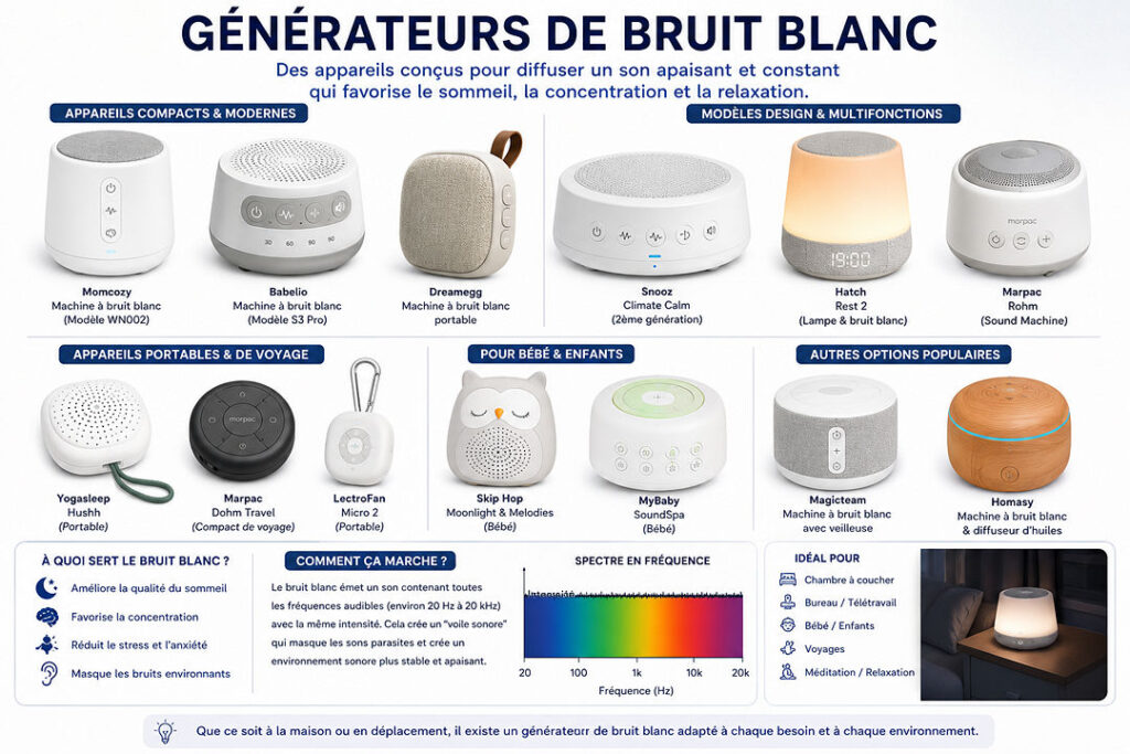 Tableau comparatif des générateurs de bruit blanc pour bébés et adultes : appareils compacts, portables, pour bébés, et options populaires, avec spectre de fréquence.