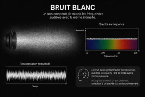 Bruit blanc : calmer et endormir un bébé durant une séance photo. Illustration du concept de bruit blanc : une onde sonore représentant toutes les fréquences audibles avec une intensité égale, ainsi que des graphiques de spectre et de représentation temporelle.