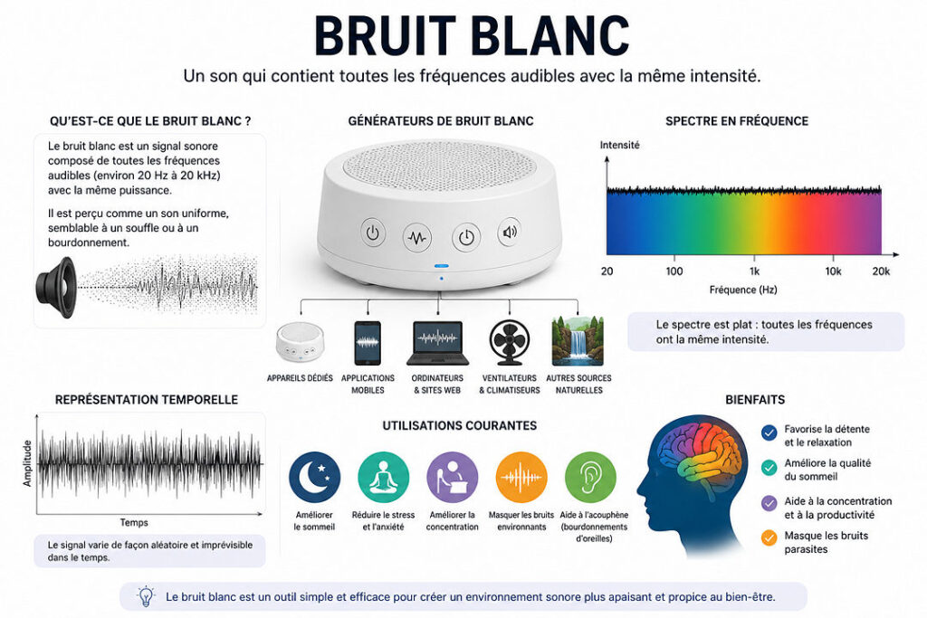 Infographie expliquant le bruit blanc : ses caractéristiques, ses générateurs, son spectre de fréquences, sa représentation temporelle, ses utilisations courantes (incluant pour calmer un bébé) et ses bienfaits.