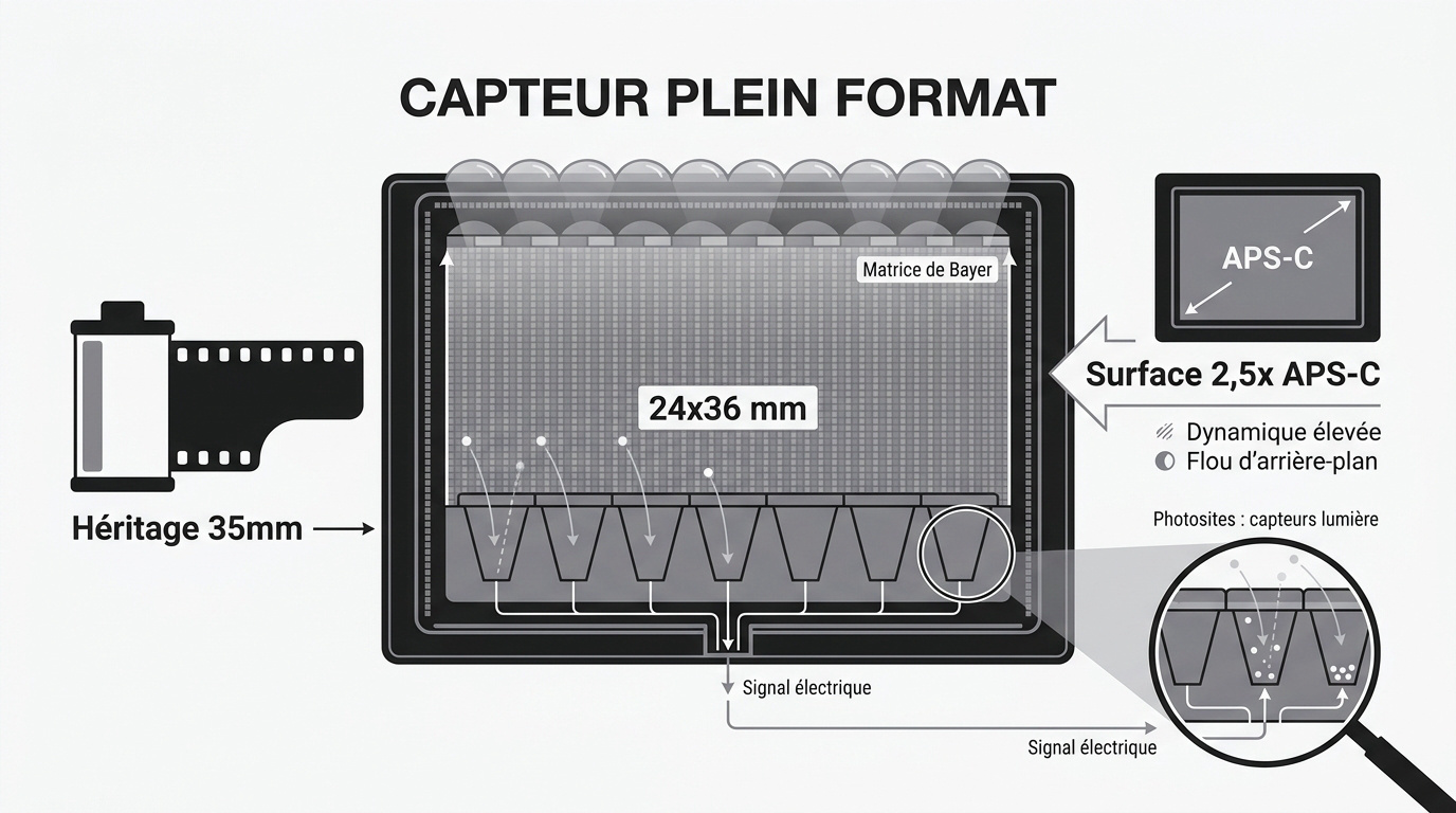 Structure interne d'un capteur plein format montrant la surface de capture et les photosites