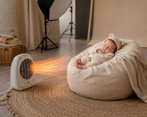La température studio nouveau né idéale pour votre séance Un bébé endormi dans un transat douillet, réchauffé par un radiateur d'appoint. La scène évoque la température studio nouveau-né idéale pour une séance photo confortable.