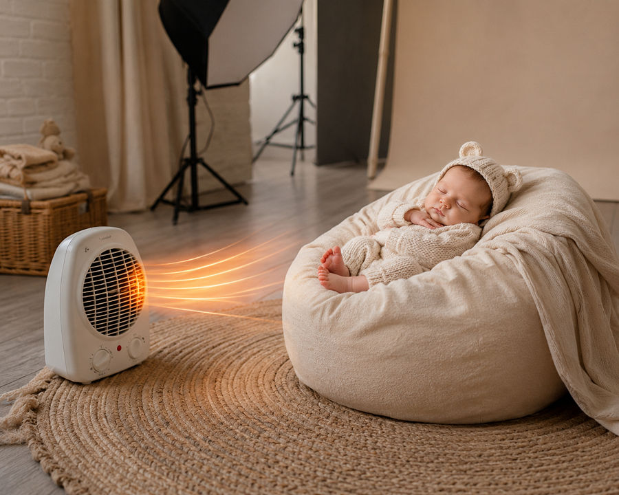 Un bébé endormi dans un transat douillet, réchauffé par un radiateur d'appoint. La scène évoque la température studio nouveau-né idéale pour une séance photo confortable.