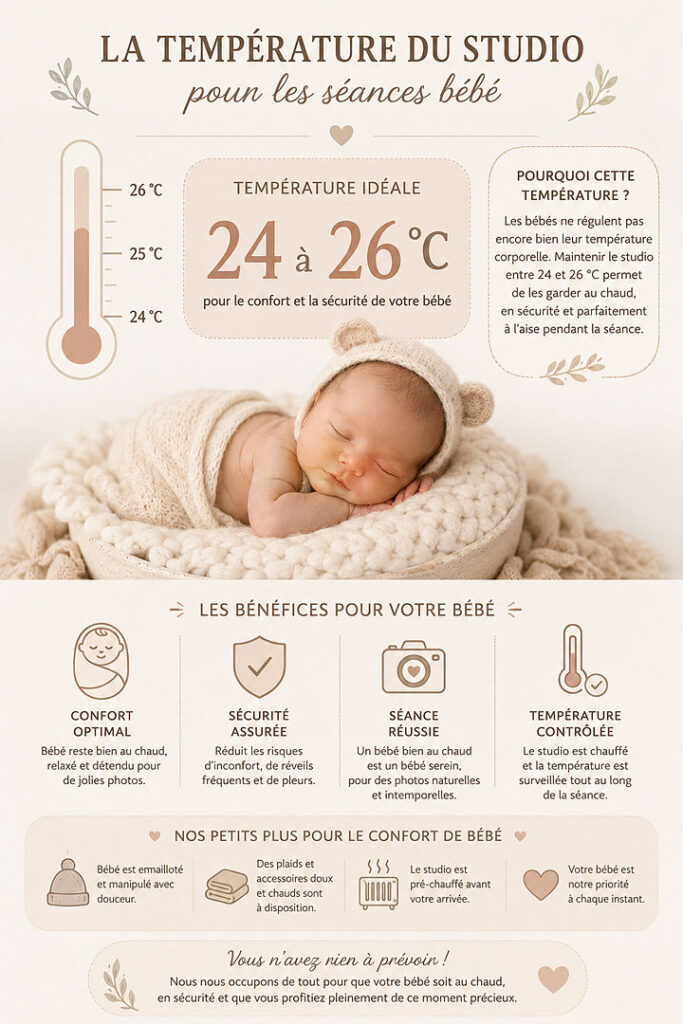 Infographie sur la température studio idéale pour les séances bébé : 24-26°C, confort et sécurité. Un nouveau-né endormi est montré.