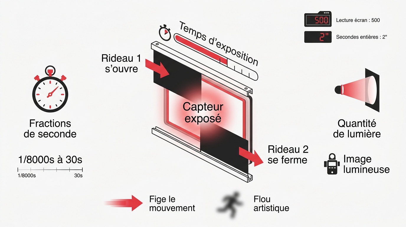 Schéma explicatif de l'impact de la vitesse d'obturation sur le mouvement et la lumière