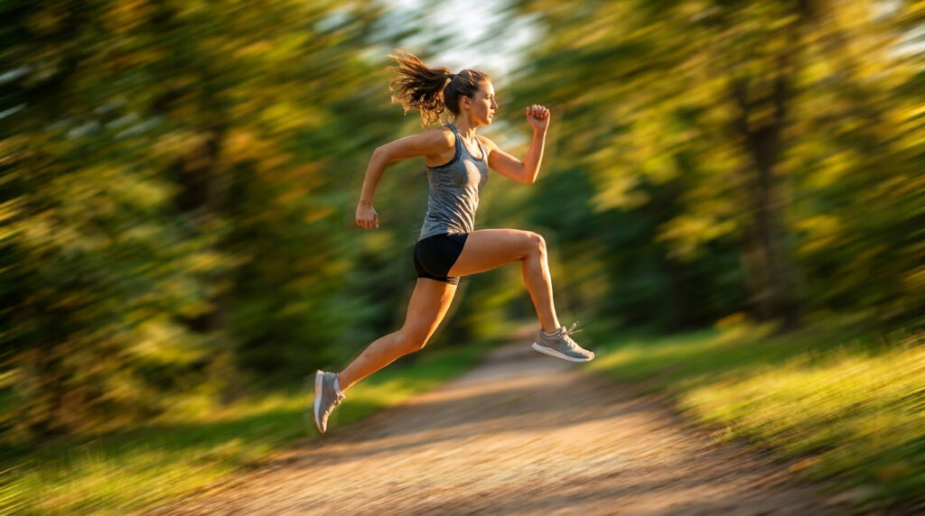 Une coureuse en plein sprint sur un sentier boisé avec un effet de flou cinétique en arrière-plan.