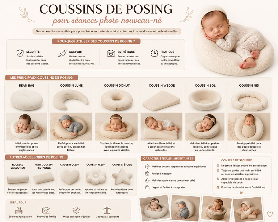 Infographie sur les coussins de posing pour nouveau-nés : présentation des différents types de coussins, leurs usages et des conseils de sécurité pour les séances photo.