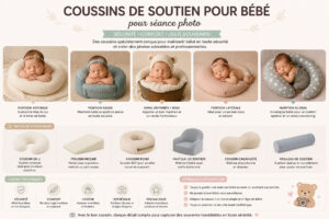 Divers coussins de soutien pour bébé : position ventrale, assise, dans un panier, latérale, enveloppe, universel, incliné, rond, fauteuil, cacahuète, rouleau. Idéal pour la séance photo nouveau-né.