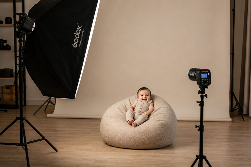 Bébé souriant assis sur un pouf beige dans un studio photo, éclairé par un flash Godox, prêt pour un portrait.