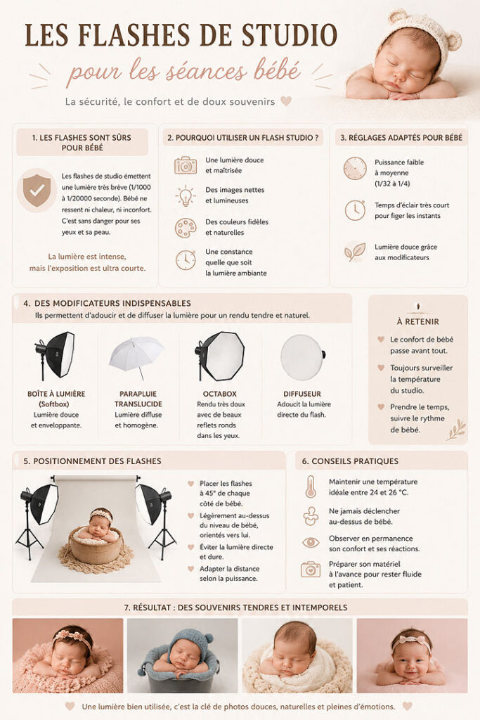 Infographie "Les flashes studio pour des séances bébé" : conseils sur l'utilisation des flashes, des modificateurs (boîte à lumière, parapluie, softbox, diffuseur) et des techniques pour des portraits de nouveau-nés sécurisés et doux.