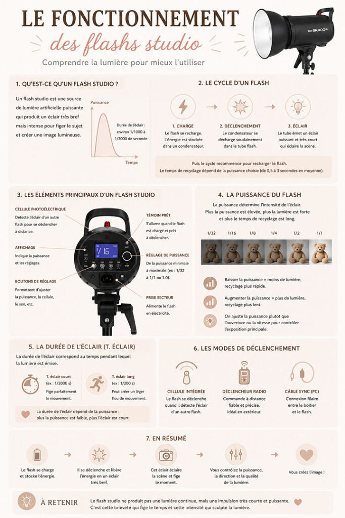 Infographie détaillée expliquant le fonctionnement du flash studio, ses composants, sa puissance et ses modes de déclenchement pour des portraits de bébé sécurisés.