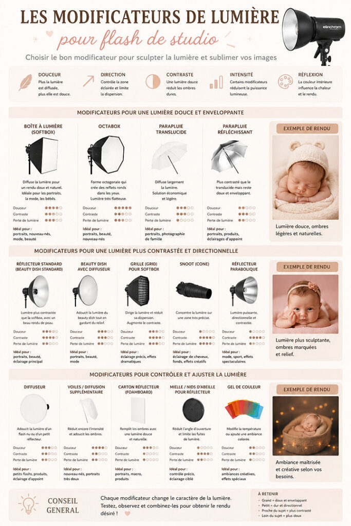 Photographie de bébé endormi dans un panier en osier, éclairé par une lumière douce et naturelle, mise en valeur par un réflecteur de studio.