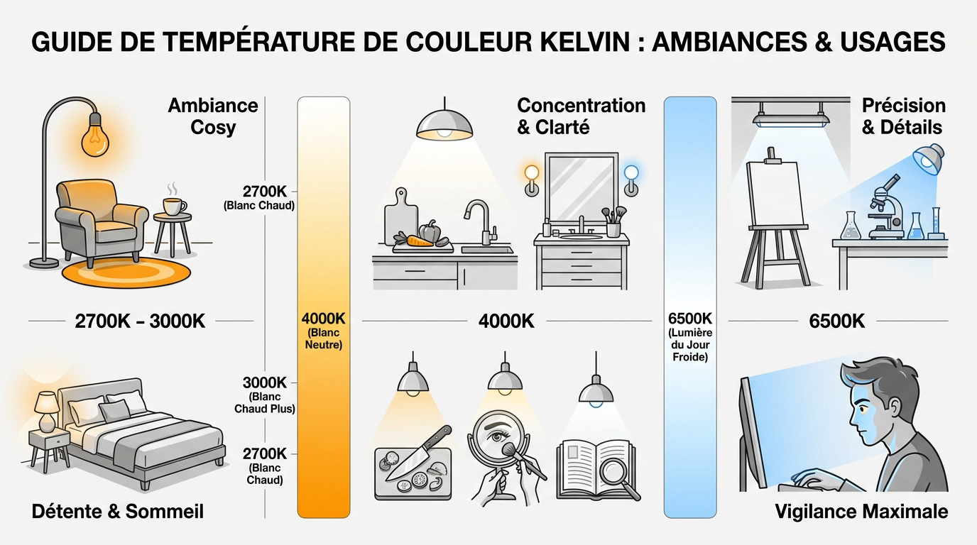 Guide visuel des températures de couleur Kelvin selon les usages domestiques