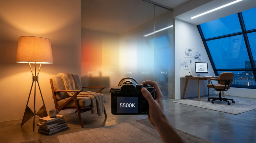 Une main tenant un appareil photo numérique affichant 5500K devant un dégradé de température de couleur.