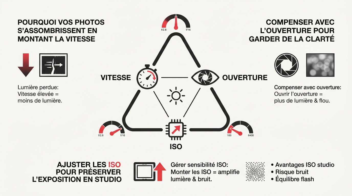 Schéma explicatif du triangle d'exposition incluant l'ouverture, la vitesse et les ISO