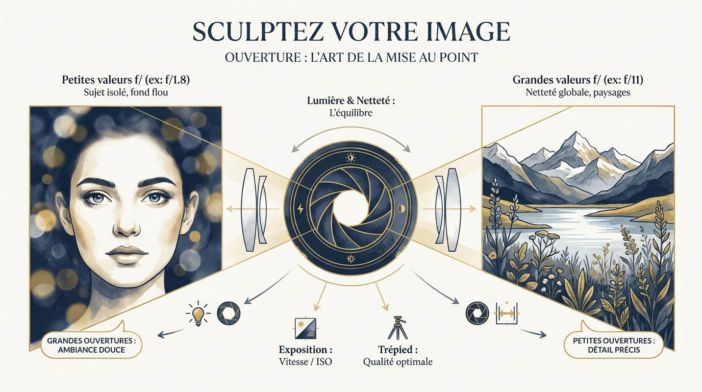 Réglage de l'ouverture du diaphragme sur un objectif photo pour contrôler la profondeur de champ