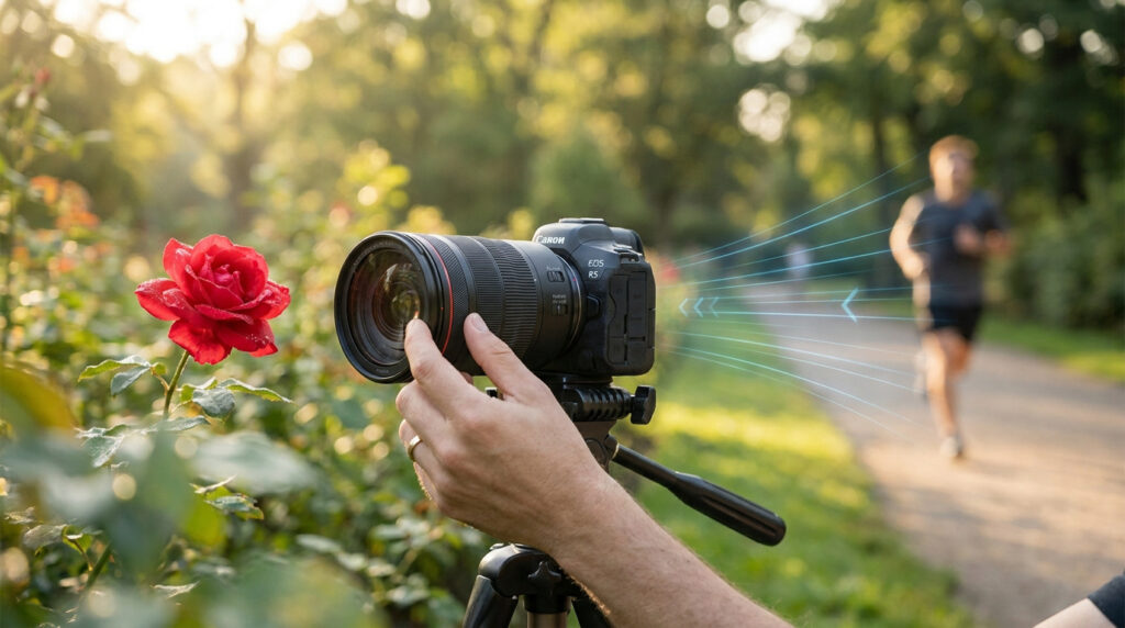 Un photographe règle manuellement un objectif Canon sur trépied pour choisir entre une rose et un coureur en arrière-plan.