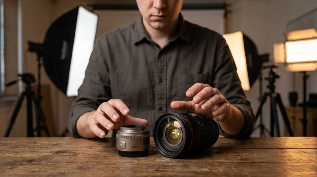 Un photographe compare un objectif à focale fixe 50mm et un objectif zoom sur une table en bois dans un studio.