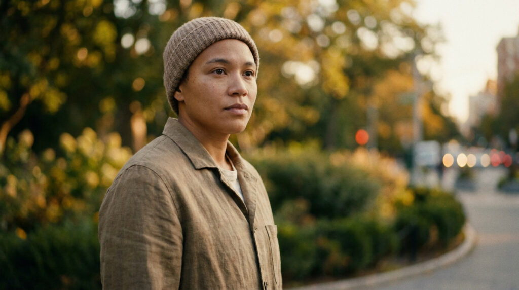 Portrait d'une personne portant un bonnet et une veste dans un parc avec un arrière-plan flou.