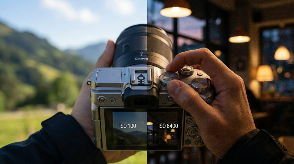 Comparaison visuelle des réglages ISO 100 et 6400 sur un appareil photo Canon.