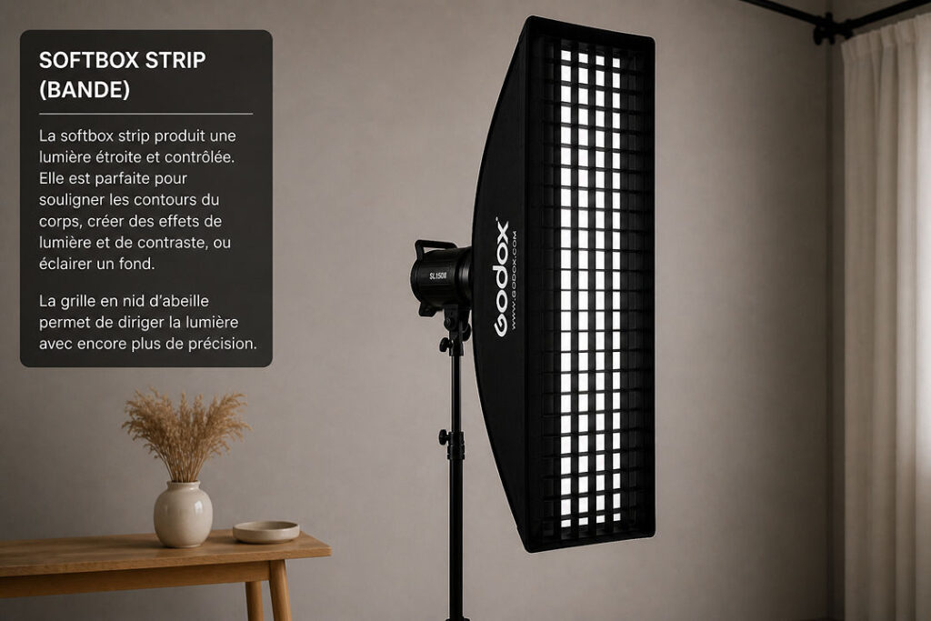Softbox strip GODOX SL500 sur pied, éclairant une scène avec un vase de fleurs séchées sur une table en bois, texte "SOFTBOX STRIP (BANDE)" en français.