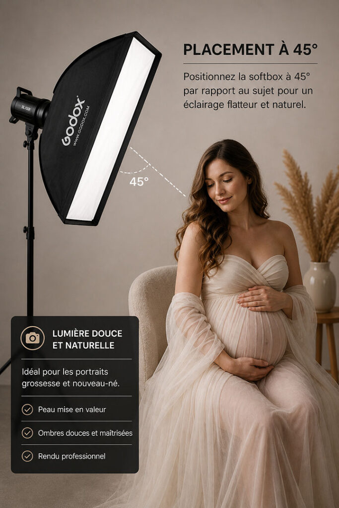 Photographie d'une femme enceinte radieuse, éclairée par une softbox placée à 45 degrés pour un éclairage doux et naturel, idéal pour les portraits de maternité.
