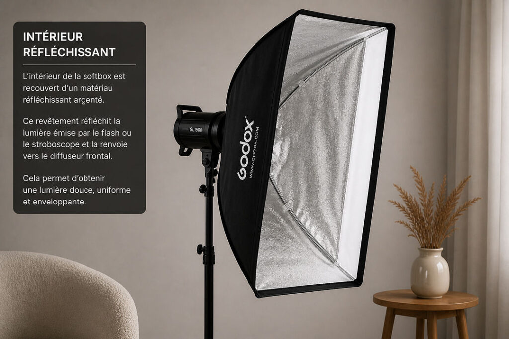 Softbox GODOX SL150II avec intérieur argenté réfléchissant, monté sur un pied d'éclairage, diffusant une lumière douce et uniforme.