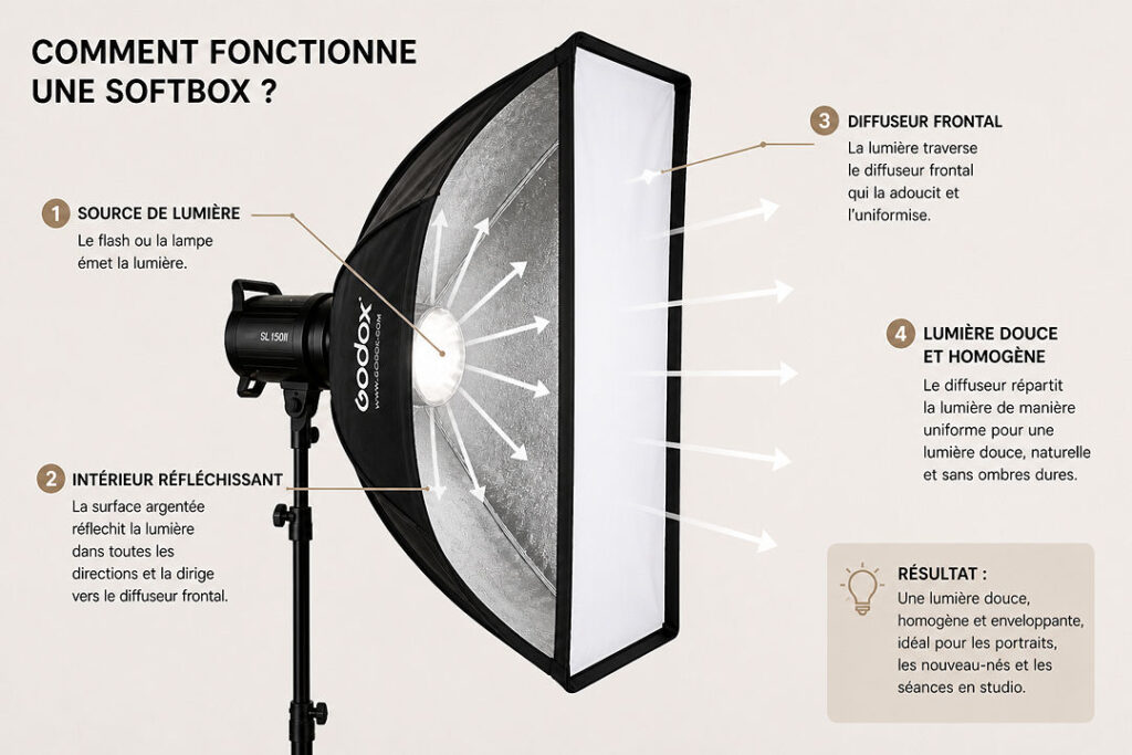 Schéma explicatif du fonctionnement d'un softbox de photographie : source de lumière, intérieur réfléchissant, diffuseur frontal et lumière douce et homogène.