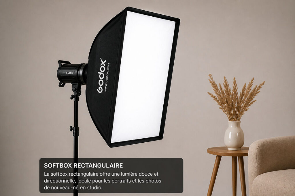 Un softbox rectangulaire Godox SL150 est monté sur un trépied, éclairant une scène de studio avec un vase en céramique et des herbes séchées sur une table d'appoint.