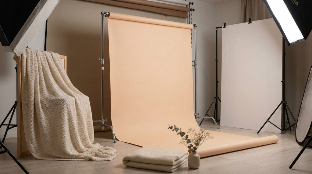 Studio photo professionnel équipé d'un fond en papier beige, d'un plaid en laine et d'éclairages sur trépieds.