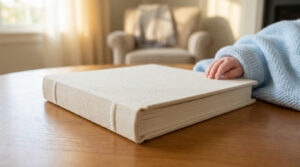 Album photo professionnel : pourquoi imprimer vos souvenirs Main de bébé sur un album photo élégant avec couverture en tissu beige posé sur une table en bois.