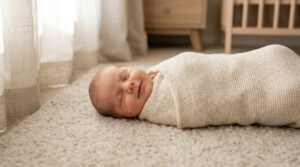 Photographe bébé Béziers : capturer ses premiers sourires Un nouveau-né souriant est confortablement emmailloté dans une couverture beige sur un tapis dans une chambre lumineuse.