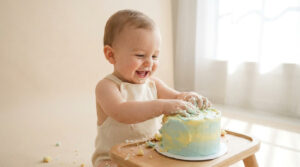 Séance smash the cake Montpellier : fêtez son premier an Bébé souriant en tenue beige s'amusant avec son gâteau d'anniversaire bleu et jaune lors d'une séance photo.