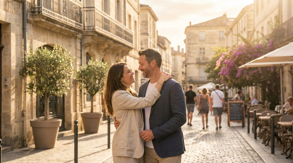 Un couple complice s'enlace tendrement dans une rue pavée ensoleillée de Montpellier lors d'une séance photo.