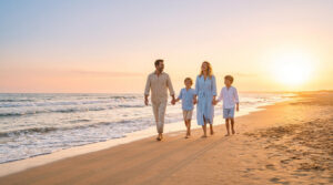 Séance photo famille plage Hérault : des souvenirs iodés Famille heureuse marchant main dans la main sur une plage au coucher du soleil dans l'Hérault.