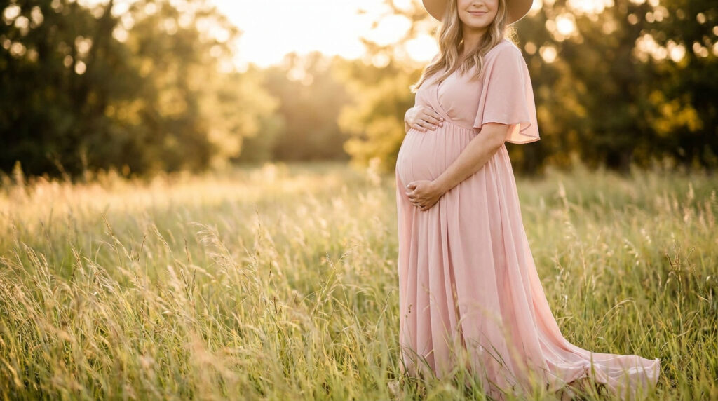 Femme enceinte portant une robe rose et un chapeau dans un champ sous la lumière dorée du soleil.