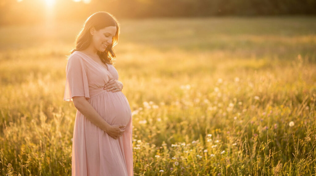 Femme enceinte souriante dans une robe rose posant dans un champ au coucher du soleil.