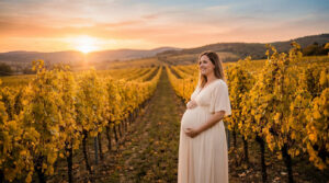 Séance photo grossesse extérieur Montpellier : les lieux Femme enceinte souriante en robe claire posant au coucher du soleil dans un vignoble près de Montpellier.