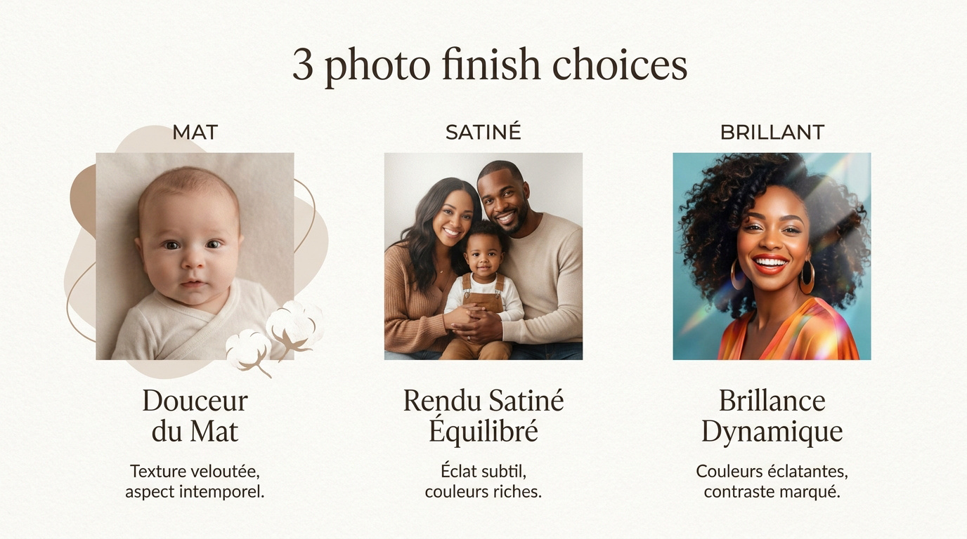 Comparaison des finitions mat, satiné et brillant pour des photos de naissance