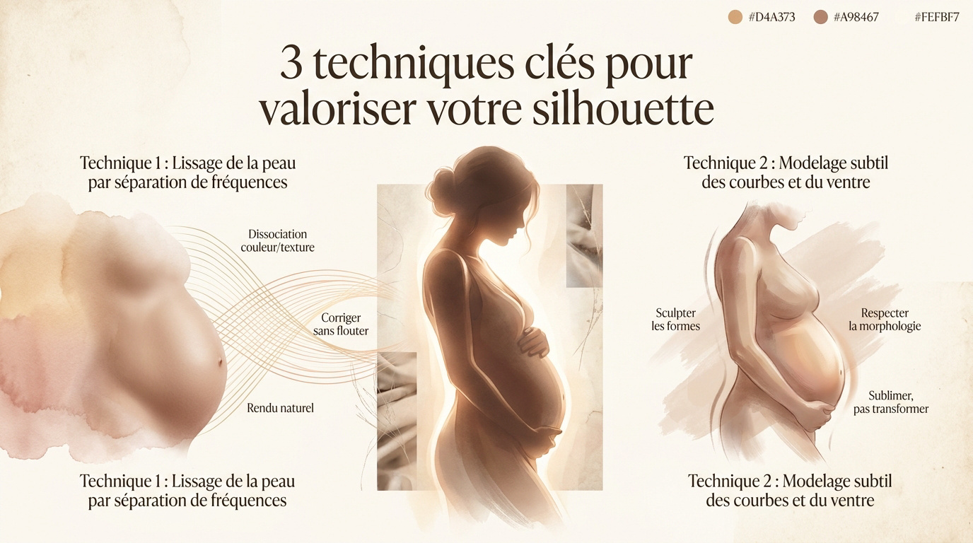 Retouche photo maternité mettant en valeur la silhouette d'une femme enceinte