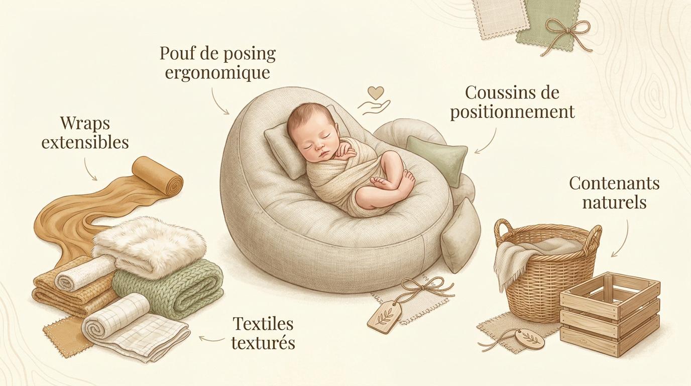 Accessoires de posing et textiles doux pour séance photo nouveau-né