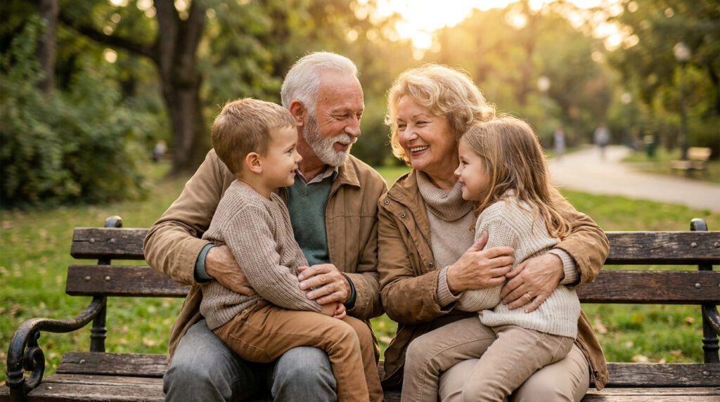 Un grand-père et une grand-mère souriants assis sur un banc de parc en bois avec leurs petits-enfants.