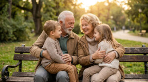 Séance photo grands-parents et petits-enfants : transmettre Un grand-père et une grand-mère souriants assis sur un banc de parc en bois avec leurs petits-enfants.