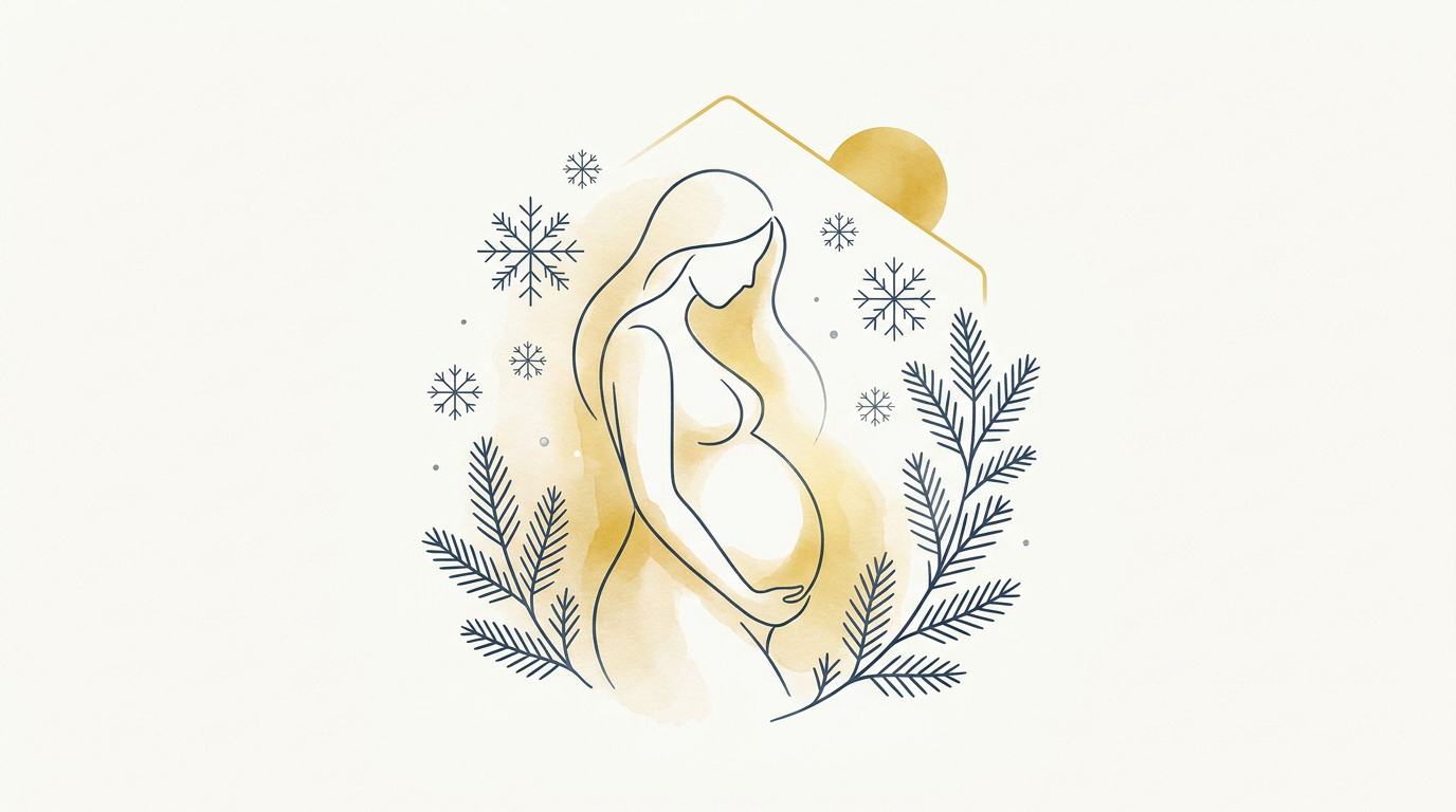 Future maman posant dans un décor hivernal enneigé et lumineux